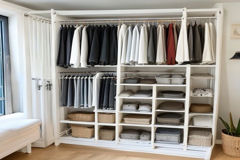 Custom wire closet organizer system — white wire shelving with wood accessories — Langley home