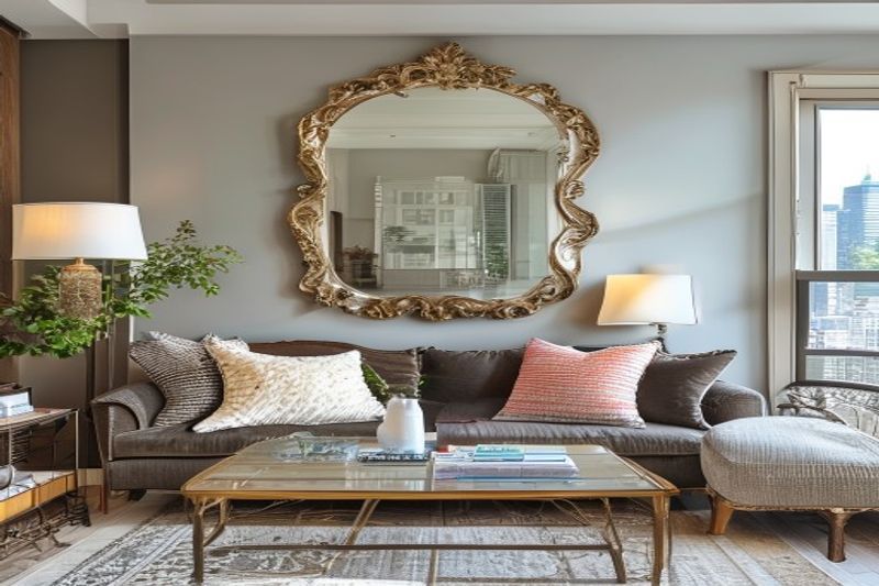 Floor-to-ceiling custom mirror installation with decorative frame — Vancouver living room