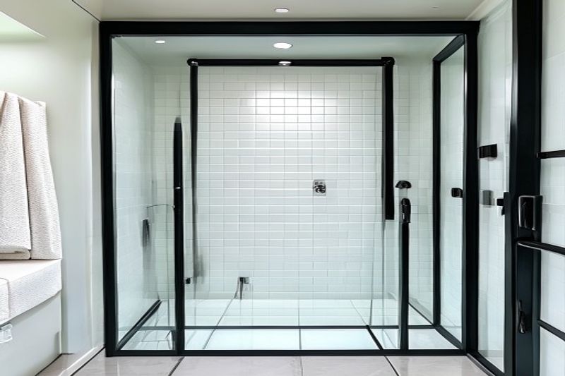 Custom frameless glass shower door installation with black hardware — Surrey BC bathroom renovation