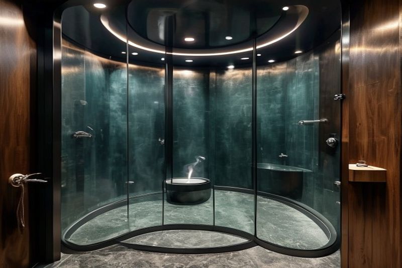 Custom curved glass steam shower enclosure with bench seating — Richmond BC spa bathroom
