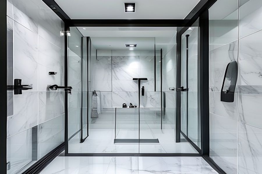 Luxury frameless glass shower door installation by Rahul Glass Ltd in Surrey, BC